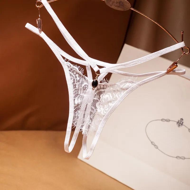 Sexy Lingerie Women Transparent G-strings Thongs Crotch Opening Lace Panties with Bowknot for Ladies