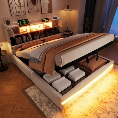Lit rembourré 160x200 Rangement hydraulique, Tête de lit LED, Fonction de charge USB-A&C, Sommier à lattes, Bande lumineuse télécommandée, Sans matelas, Beige