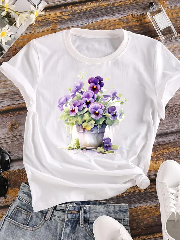 (Asian Size) Women Flower Watercolor Trend Cute 90s Short Sleeve Fashion Tee Top Clothing Print Lady Casual Tshirt Female Graphic T-shirts