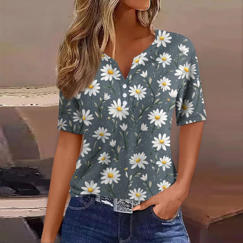 Women's T Shirt  Print Button Short Sleeve Daily Weekend Fashion Basic V- Neck Regular Top
