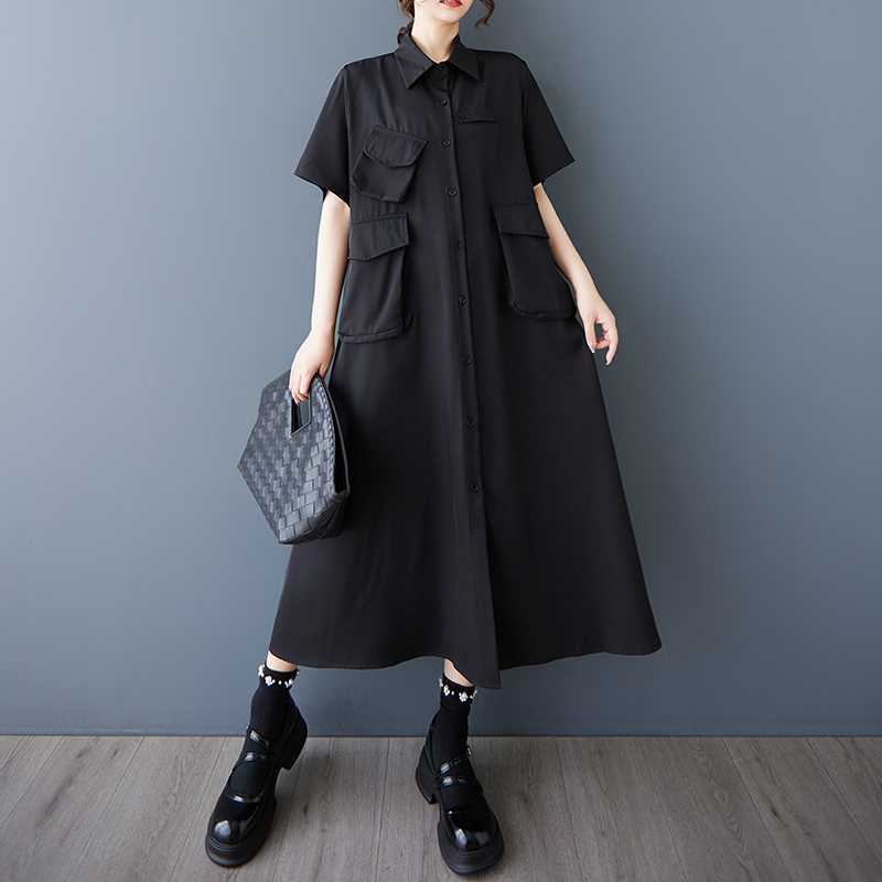 

Женское платье, модная и свободная юбка-рубашка с карманами One size чёрный