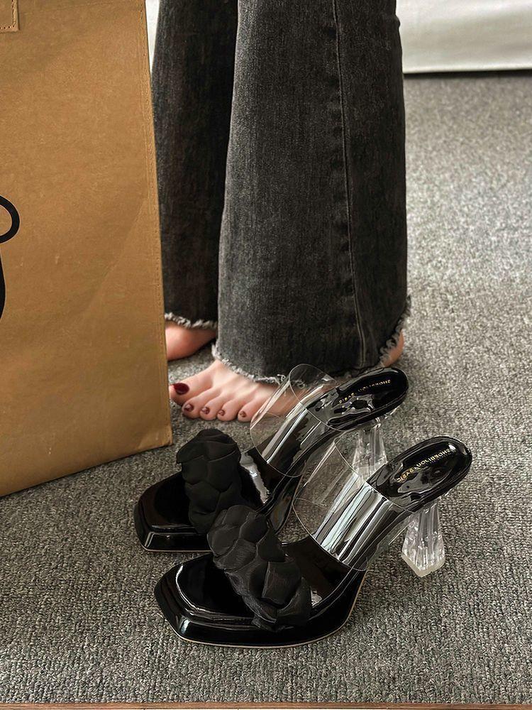 Waterproof table slippers women's outer wear spring 2025 new outer wear fashion crystal high-heeled fairy wind one-word sandals