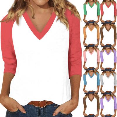 Women's Casual And Fashionable Patchwork V-Neck Top With Seven Quarter Sleeves Top