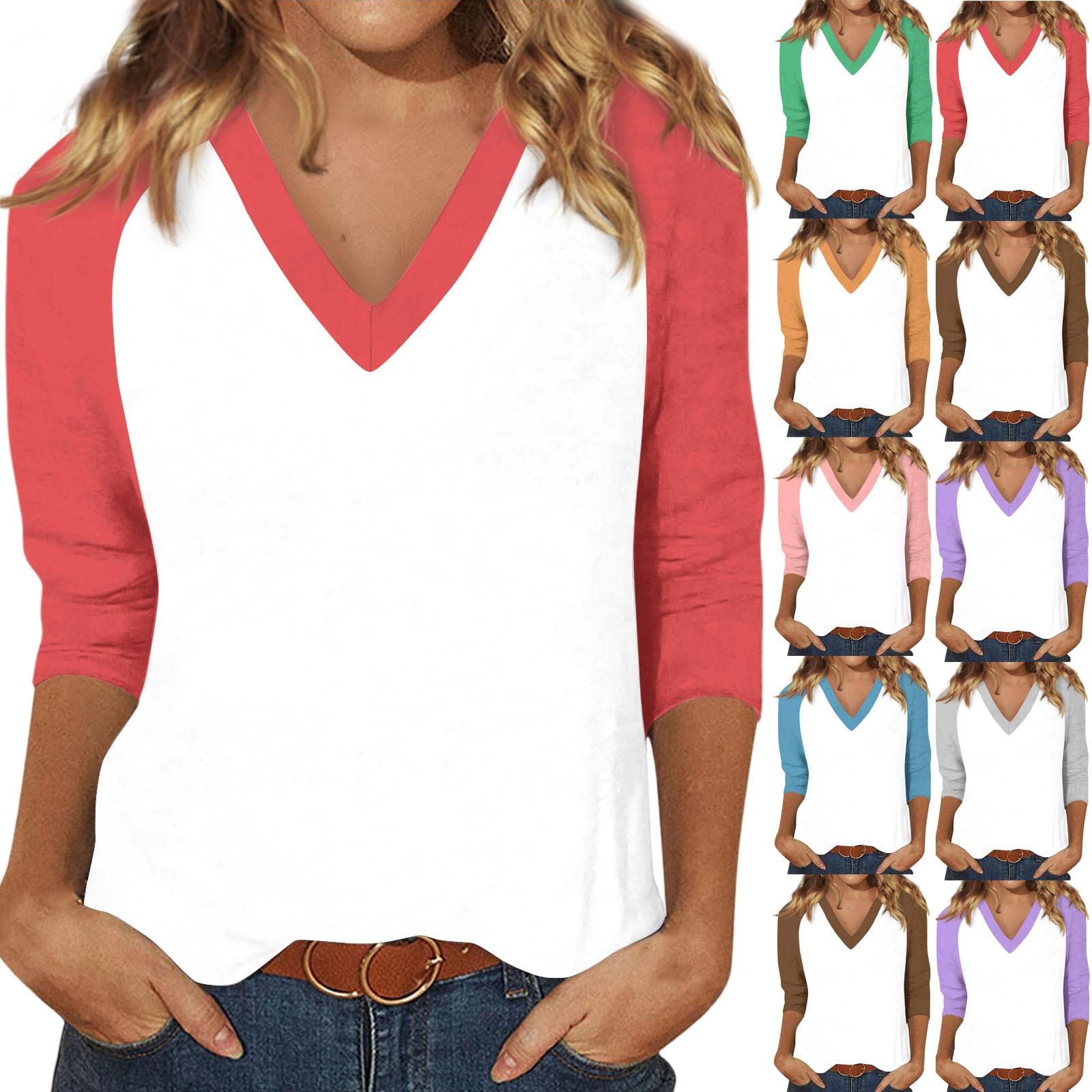 

Women s Casual And Fashionable Patchwork V-Neck Top With Seven Quarter Sleeves Top L