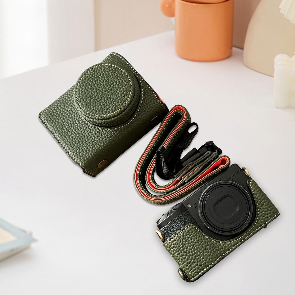 Vintage PU Leather Camera Bag Half Body Protective Cover with Strap for GR IIIx GR III GRIII GR3 Enhanced Grip Soft Lining 1Celsius4 Inch Thread Hole