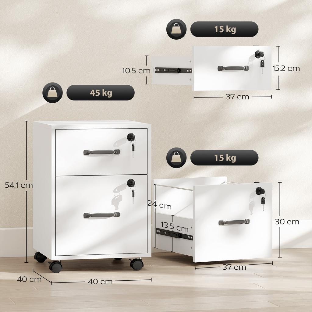 Rolling File Cabinet with 2 Drawers, Mobile Filing Cabinet with Hanging File Folder for Letter Sized Documents, White