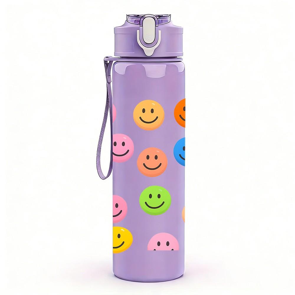 1PC Multicolor Smiley Face Set 750ml Color Plastic Sports Water Bottle Leakproof Flip Straw Lid Suitable for Sports Office Home Use