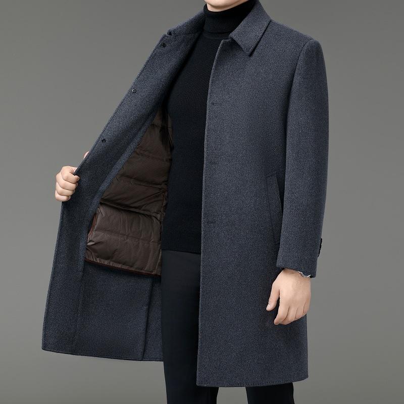 Middle-aged Men's Lapel Double-sided Wool Coat, Long Down Lining, Detachable Daddy Woolen Coat