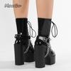 Fashion Punk Rivet Chain Belt Buckle Thick Bottom Super High Heel Short Boots for Women Front Lace-up Side Zip Gothic Boots Botas Mujer