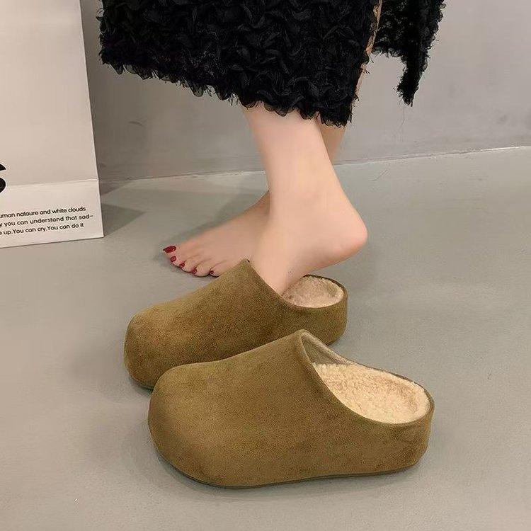 Thick bottom inner heightening bag head half slippers outer wear  new autumn and winter velvet one-pedal Birkencotton slippers