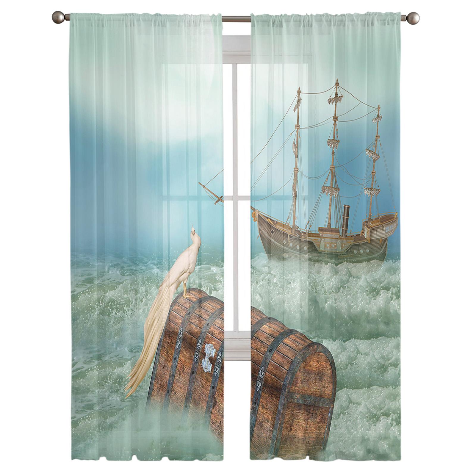 Волна лодка павлин прозрачная занавеска для спальни тюль вуаль занавеска для кухни — фото 3