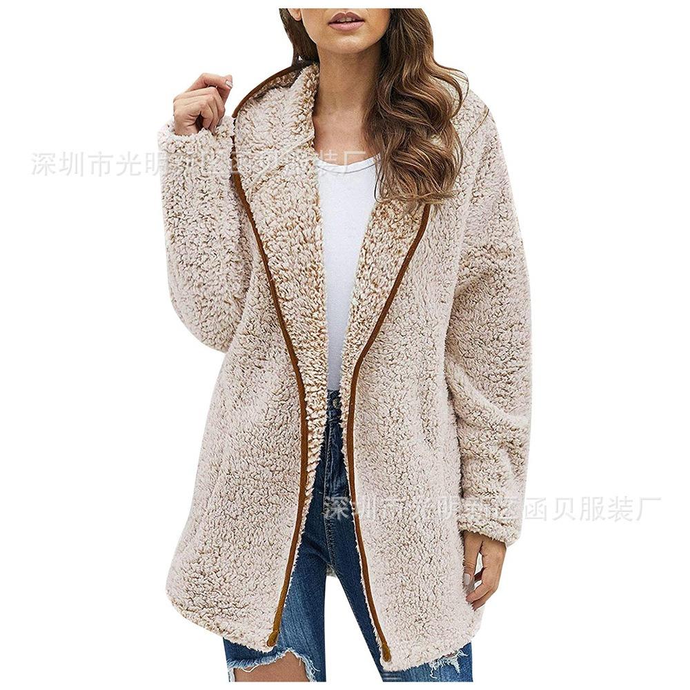 Autumn and Winter Casual Solid Colour Lapel Hooded Long-sleeved Women Plush Sweater Fleece Jacket