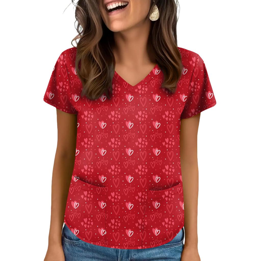 Women's V-neck Valentine's Day Printed Short-sleeved Top With Pockets And Side Slits, Suitable For Caregivers.