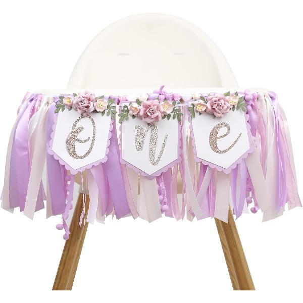Baby Girl 1st birthday highchair banner -Purple Floral Garland, Purple And Pink First Birthday Decoration, Rose 1st Bday Banner, floral birthday