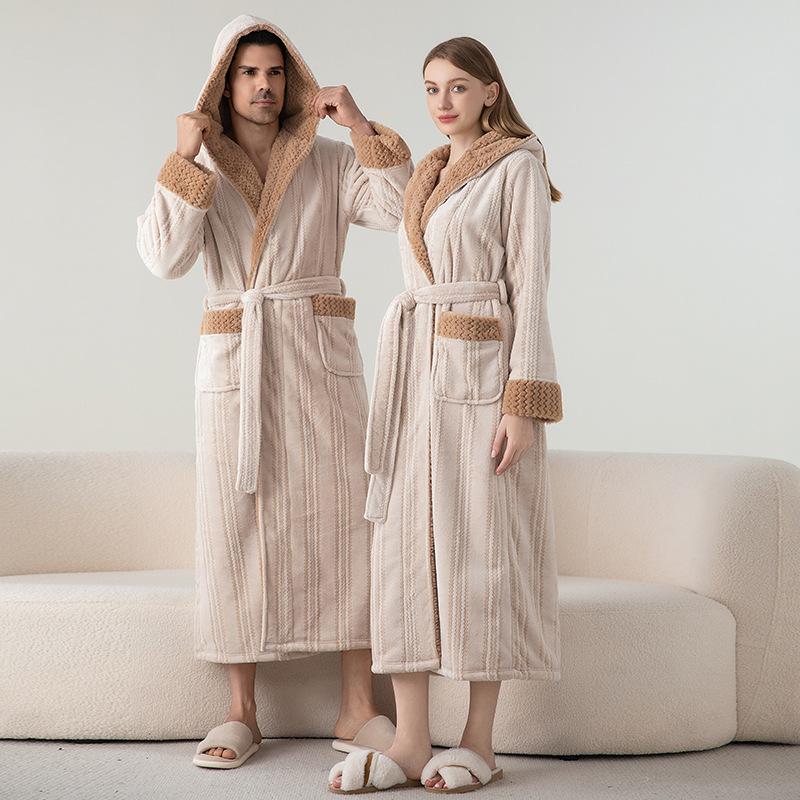 Plus Size Jacquard Fleece Bathrobe Thick Winter Autumn Bathrobe For Men And Women Cozy Pajamas Long Robe Sleepwear