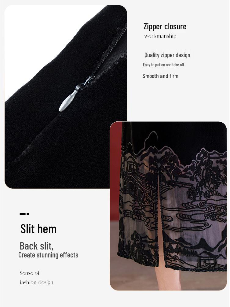 Jupe Midi Fendue en Velours de Soie Taille Haute pour Femme - Mode Chic Automnale à la Française