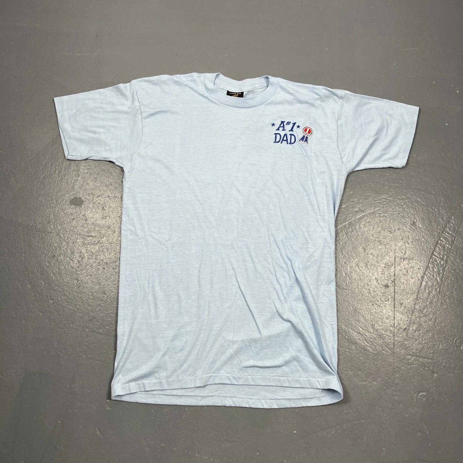 

Vintage 1980s Fathers Day #1 Dad Tshirt Blue XL Single Stitch VTG M