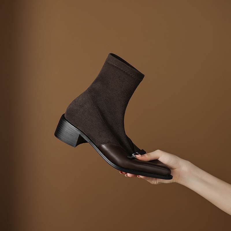 Krazing Po Microfiber Winter Pointed Toe Size 33 Western Boots Size 43 Metal Buckle Thick Heels Elastic Ankle Boots