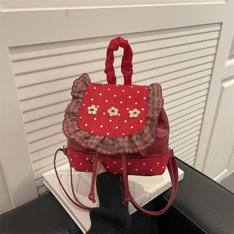Polka Dot Floral Patchwork Design Backpack for Women Versatile Sweet Girls Drawstring Shoulder Bags Lightweight Travel Handbag
