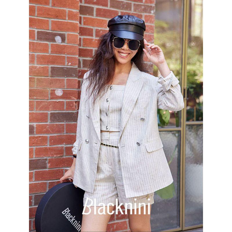 

Blacknini Инь Хуафу/ Дождь Жизни Натуральный Лен Смесовый Полосатый Двубортный Верхняя одежда/Топ-труба/Шорты Chest XS