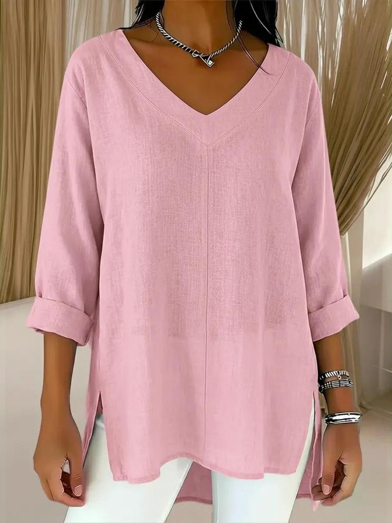 2026 Casual Women's Cotton Linen V-Neck Nine-Sleeve Top