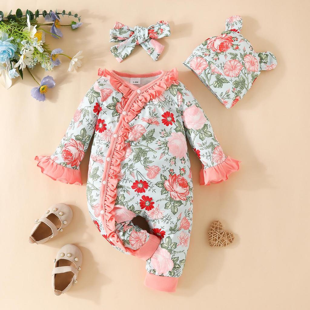 Adorable Baby Floral Flare Sleeve Jumpsuit with Hat & Headband (0-1Y)