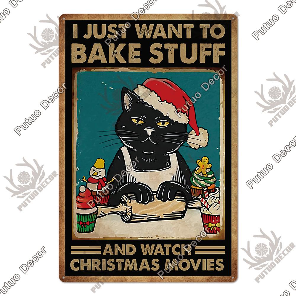 Putuo Decor Cute Black Cat Vintaget Plaque Metal Sign Vintage Tin Sign Poster Decoration for Living Room Barthroom Wall Decor