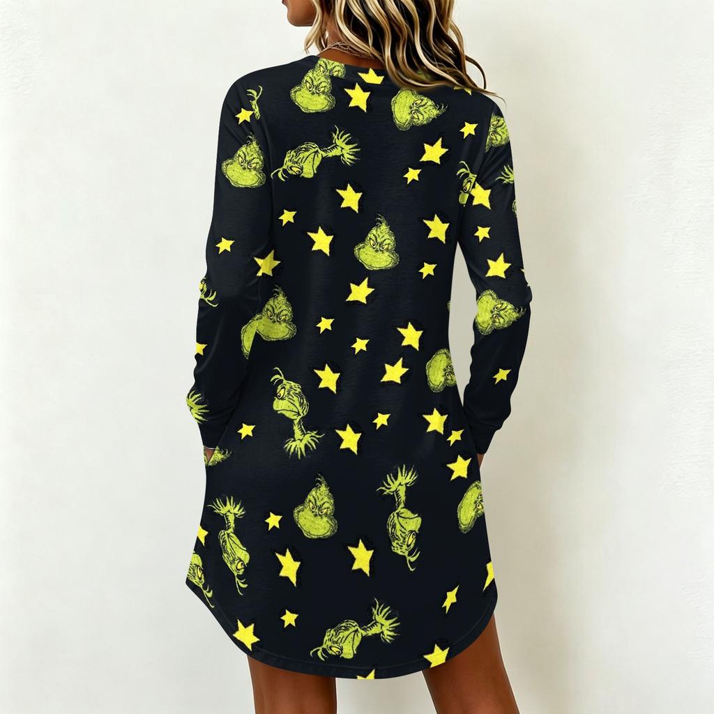 Women's Casual Dress Christmas Print Neck Long Sleeve Festive Holiday Outfit
