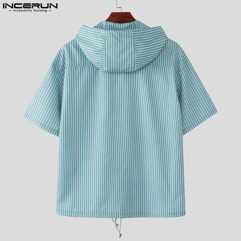 INCERUN Two Piece Sets Men Short Sleeve Striped Hooded Shirts Shorts Outfits