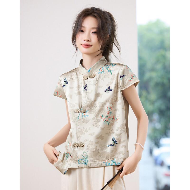 Oudifu Women s Chinese Style Retro Short Sleeve Blouse L грязно-белый