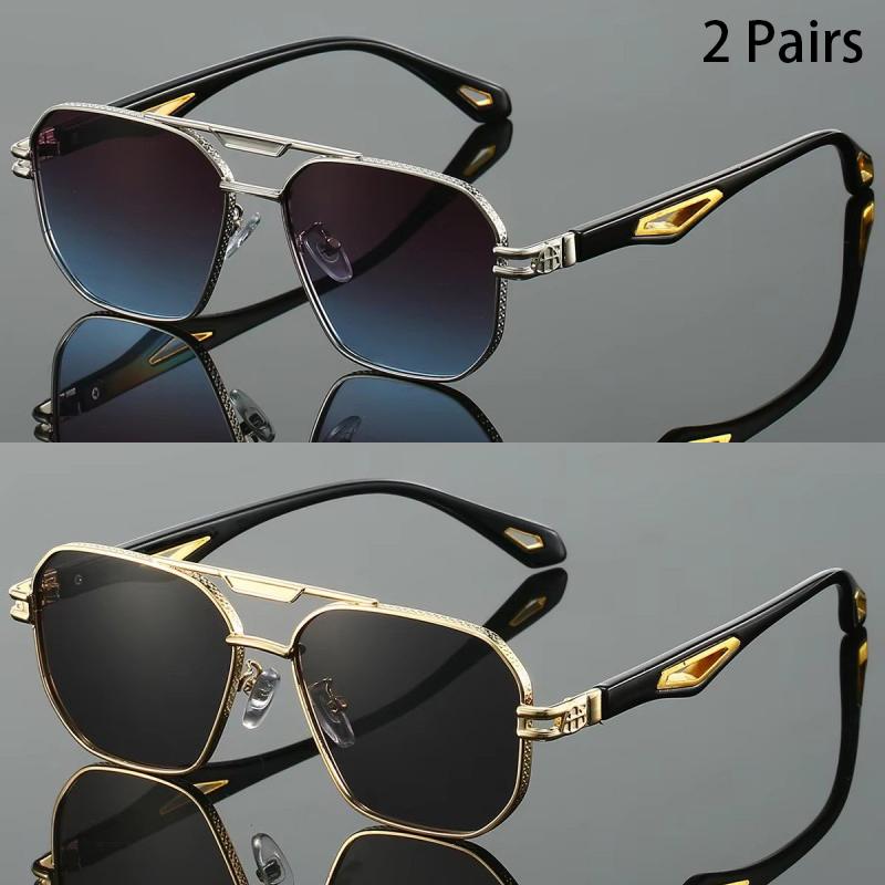 2 Pairs Vintage Square Sunglasses Men Gradient Multi-color Casual Shades Women Trendy Double Bridge Luxury Design Sun Glasses