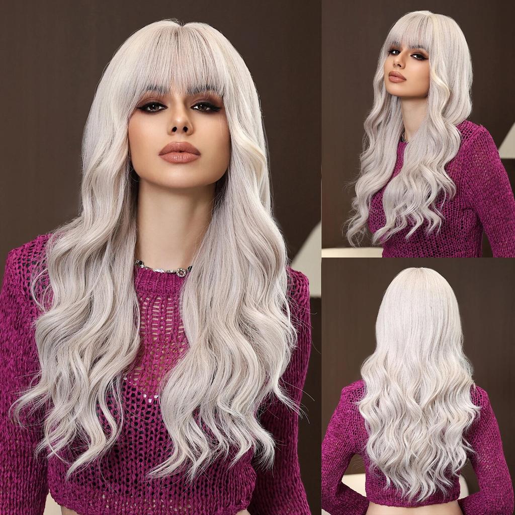 Professional  White Blonde Long Wavy Synthetic Wigs with Bangs for Black Women Halloween Cosplay Party Daily Wig Natural Hair Heat Resistant