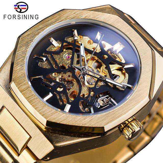 Forsining Fashion Steampunk Luxury Black Dial Mens Automatic Mechanical Watch Waterproof Skeleton Design Relogio Wristwatches