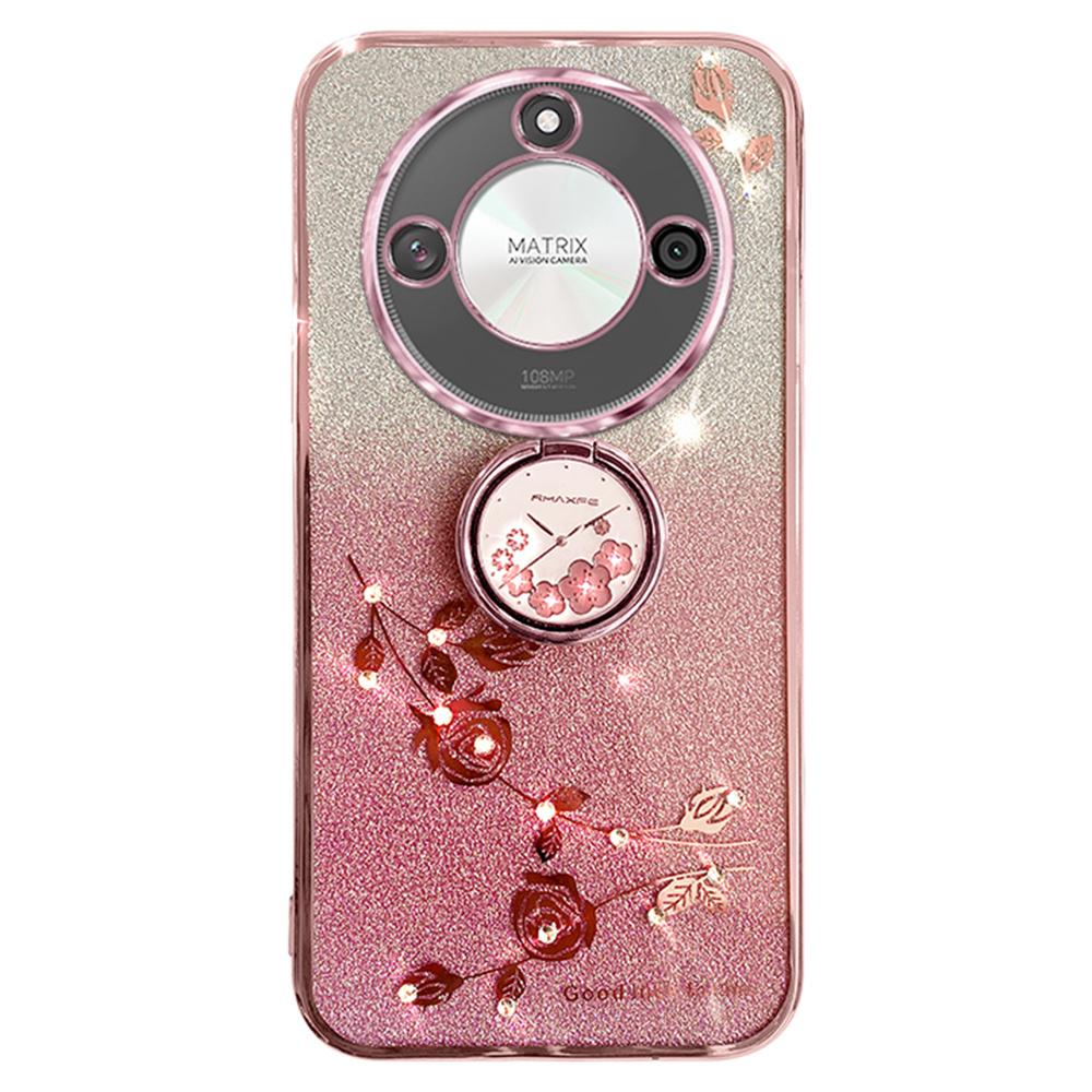 For Honor X60 5G Case Ring Kickstand TPU Flowers Phone Cover Gradient Glitter