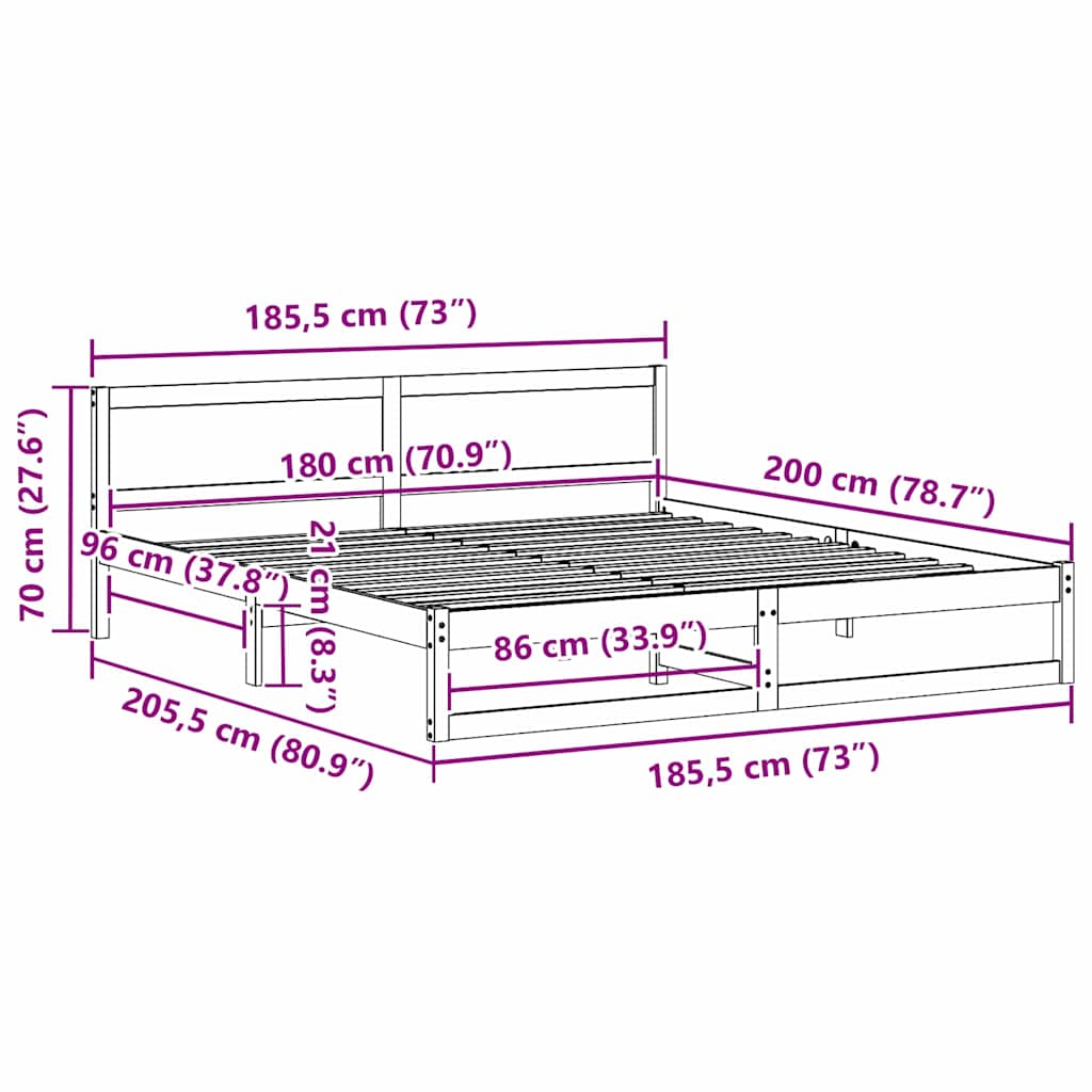 Natural Wooden Bed Frame with Headboard 180 X 200 Cm Solid Pine Wood