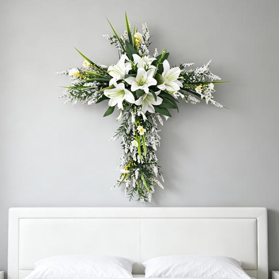 Artificial Lily Wreath for Door Wall Faux Floral Hanging Decor for Home Garden Church Rustic Religious Ornament for Spring Easter Wedding