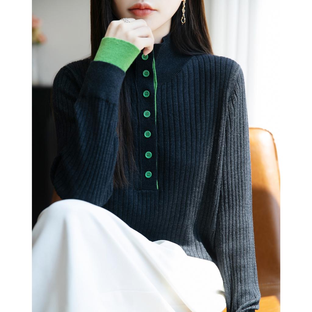 New Autumn and Winter Style Striped Color-blocking Fake Two-piece Knitted Base Layer Women's Half-open-neck Pullover Long-sleeved Sweater