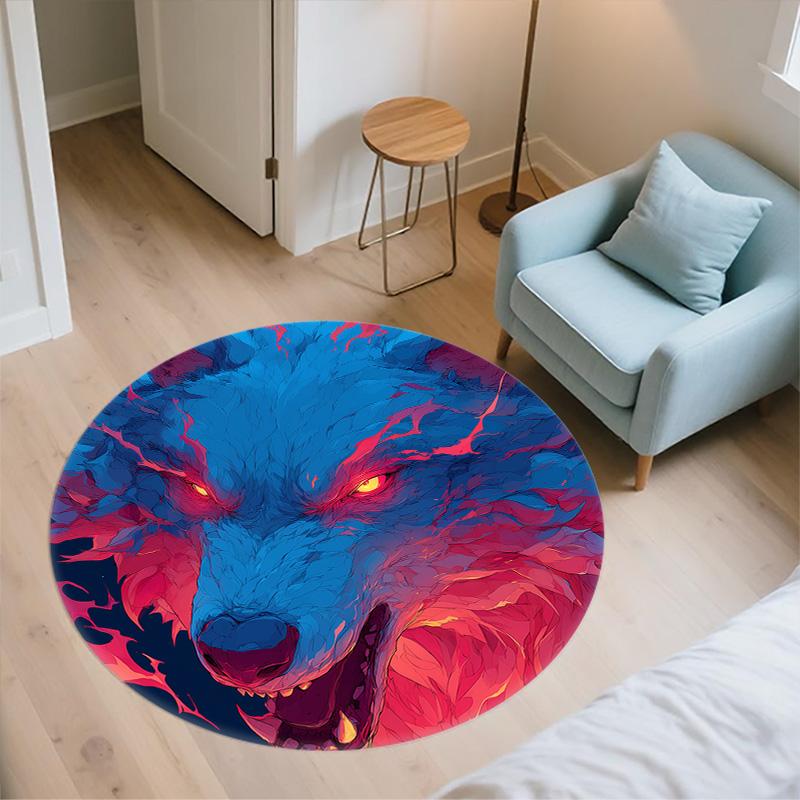 Roaring Wolf,Round Area Rug,Carpet Rug for Living Room Bedroom Sofa Playroom Decor,Non-slip Floor Mat