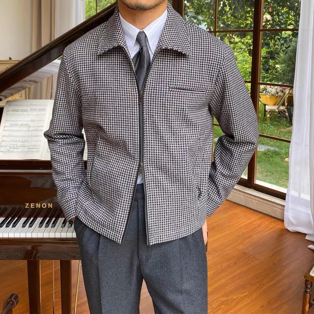Men's Retro Houndstooth Zipper Jacket - Autumn/Winter Casual Waist-Cinching Lapel Design