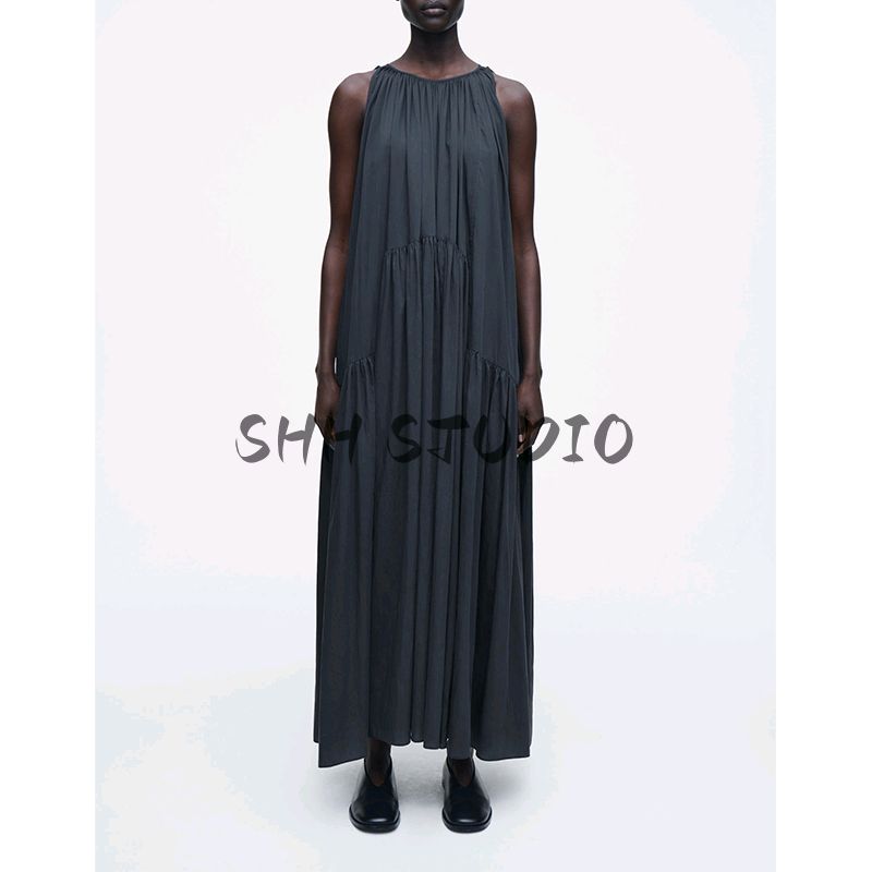 Spring New Women's Clothing Round Neck Sleeveless High Waist A- Line Casual Version Pleated Long Dress 1266203