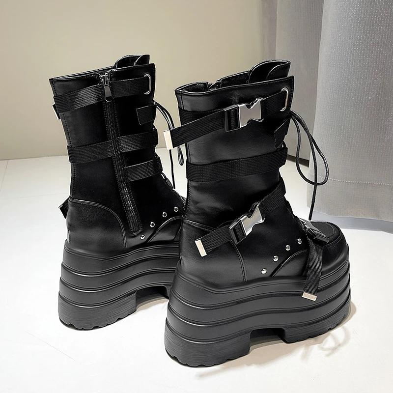13.5Cm Women Punk Boots Autumn Platform Outdoor Leather Sneakers Chunky Motorcycle Boots Nightclub Party Cosplay Shoes