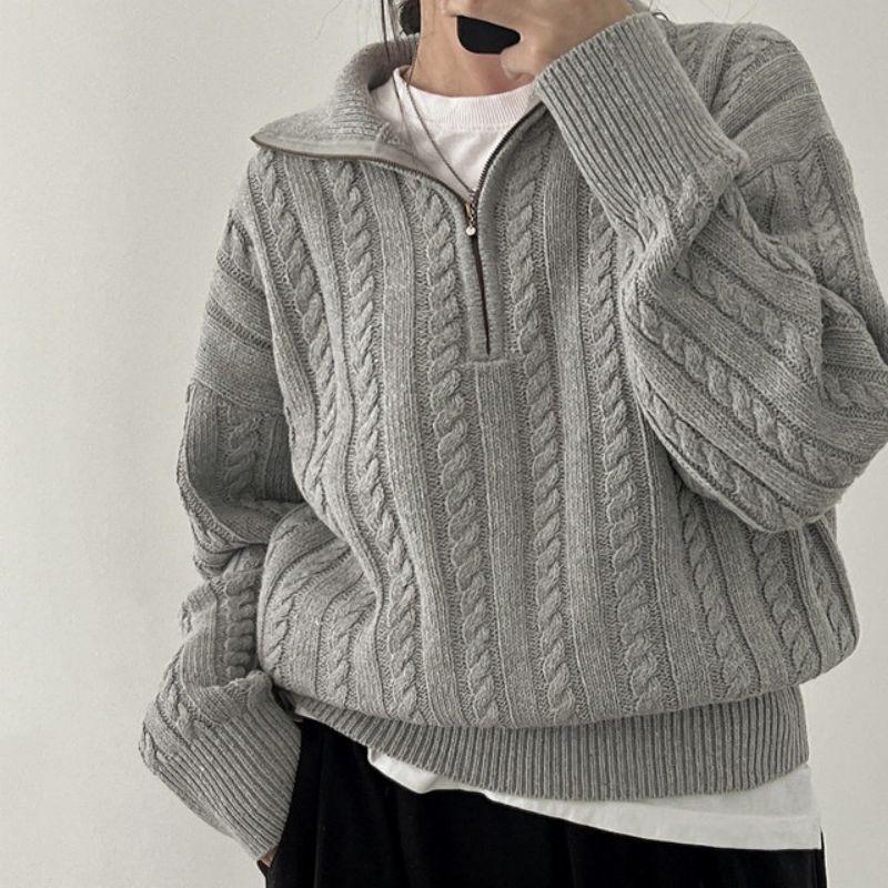 South Korea Chic Autumn and Winter Chunky Knit Top Women Retro Twist Half Zipper Lazy Short Sweater Coat