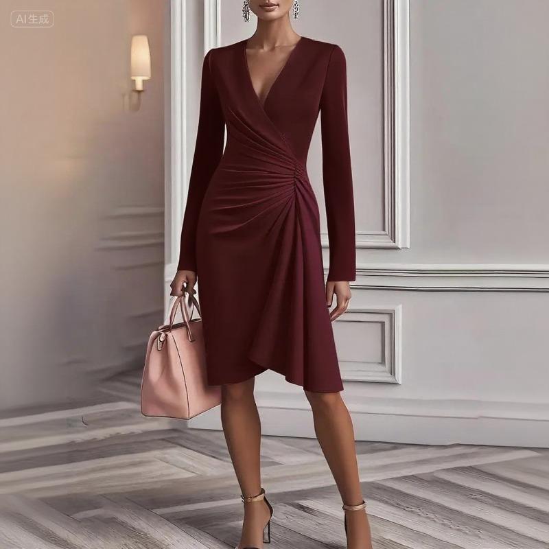 Women's Solid Color Wrap V‑Neck Long Sleeve Ruched Midi Dress Elegant Cocktail Party Dress