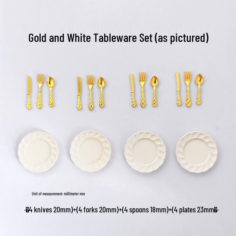 Miniature Dollhouse DIY Model Cake Set: Alloy Plate, Knife, Fork & Spoon Props