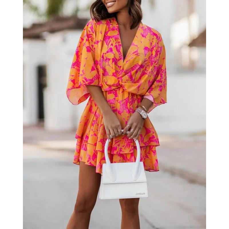 2025 Autumn V-Neck Loose Batwing Sleeve Printed Dress for Women