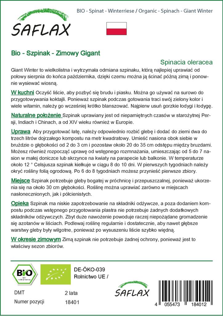 SAFLAX Garden In the Bag - Organic - Spinach - Giant Winter - 250 Seeds - With Substrate In a Fitting Stand Up Bag - Spinacia Oleracea