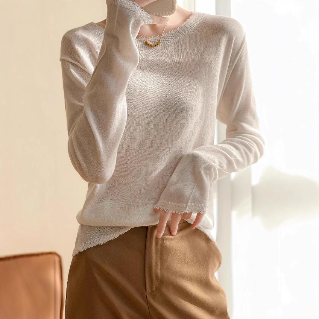 

Women s Frayed Crew Neck Wool Knit Top - Spring/Autumn Fashion S