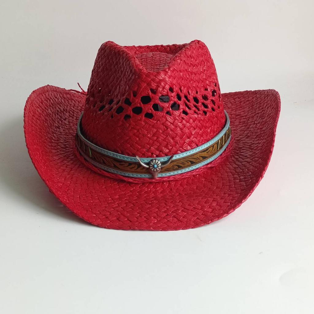 Red Summer Cowboy Hats Hand-weaving Straw Hat Beach Women Men Out Western Wide Brim Sun Hat Cowboy Hat Chapéu Masculino