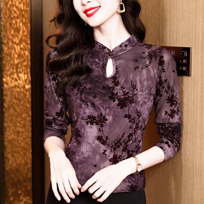 Elegant Autumn/Winter Chinese Style Long-Sleeve Plush Top 4XL фиолетовый