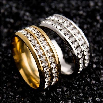 Womens Mens Fashion Double Rows Rhinestones Titanium Steel Wedding Jewelry Ring ARI
